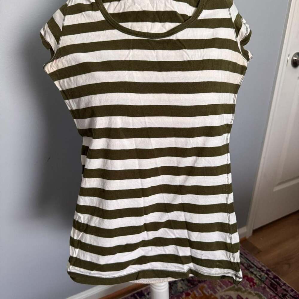 L.O.G.G. Striped Tee Size EUR M Olive Green White Cotton Y2K
